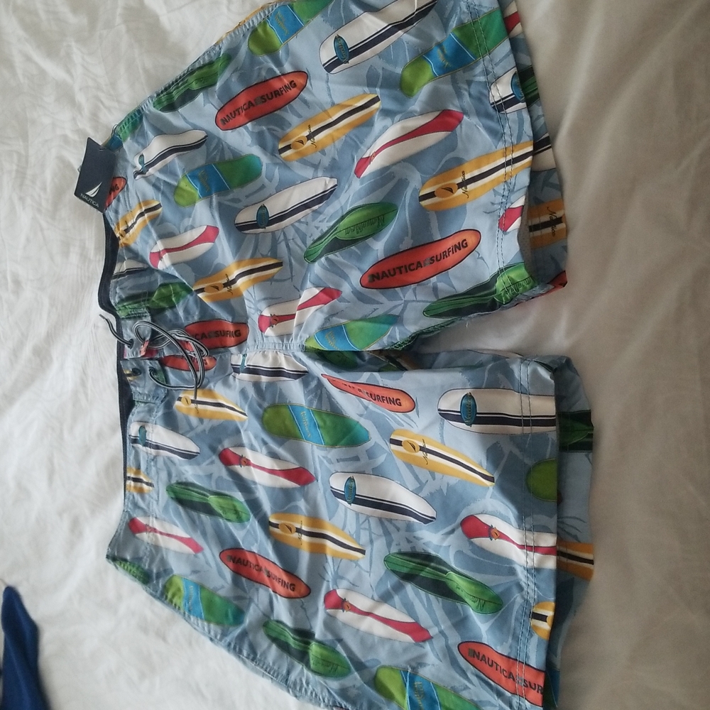 NWT NAUTICA Men Swim Trunk light blue w multicolor Surfboards Size 38W